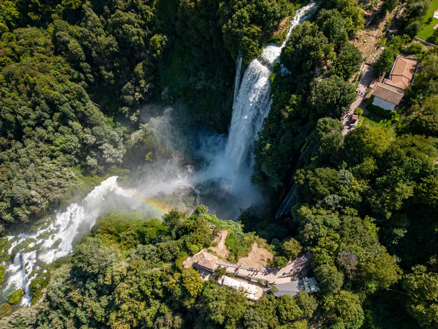 Aerial view of the Marmore Falls with a rainbow